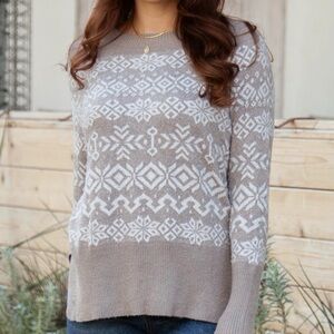 Grace & Lace Taupe and White Geometric Sweater